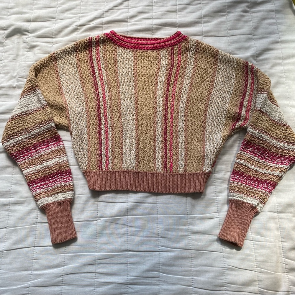 Free People Striped Cropped Knit Sweater in Pink, Cream & Tan